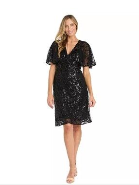 R&M Richards NWT Black Sequin Lace Cocktail Dress Size 8 MSRP $169